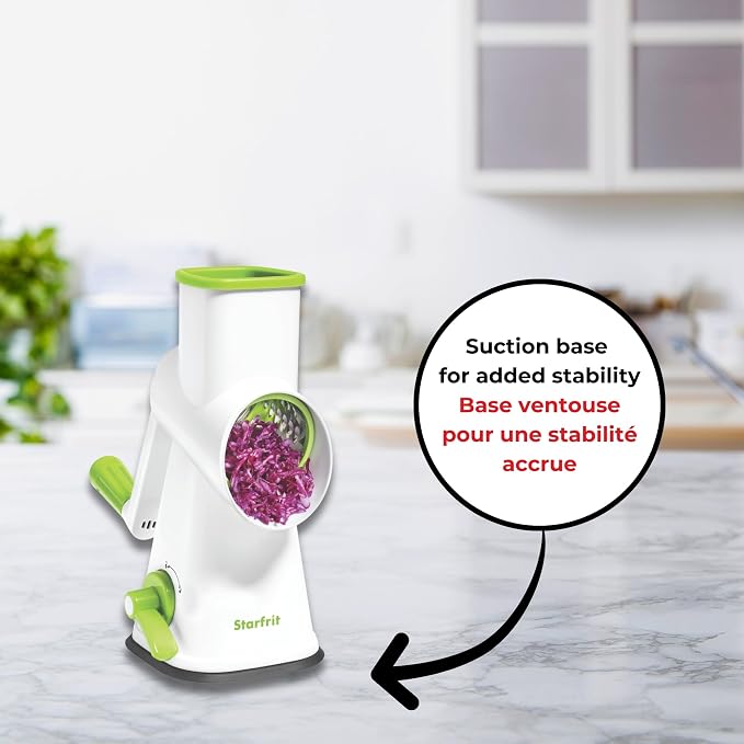 Starfrit Drum Grater - 3 Interchangeable Stainless Steel Barrels - Slice, Coarse and Fine Grating - Vegetable, Cheese, Nuts, Chocolate