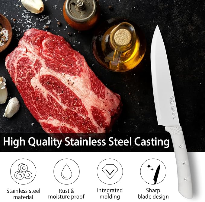Kitchen Knife Set, White Flower 6PC Stainless Steel Sharp Chef Knife Set with Acrylic Stand, Cooking Non-slip Knife Set with Block, Non-stick Colorful Coating Gift for Women Girls (White)