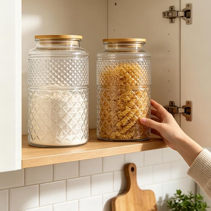 1 Gallon Large Vintage Glass Storage Jar with Airtight Bamboo Lid, Round | Kitchen Pantry Thick Glass Container for Flour Sugar Cookie Coffee Laundry Pods, Wide Mouth Opening and Airtight Bamboo lid