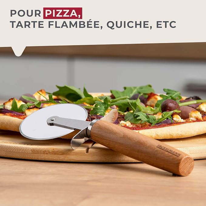 Fackelmann Pizza Cutter for Pizza and Tarte Flambée - Pizza Wheel with Sharp Stainless Steel Blade - Pizza Roller with Ergonomic Beech Wood Handle - Approx 21cm