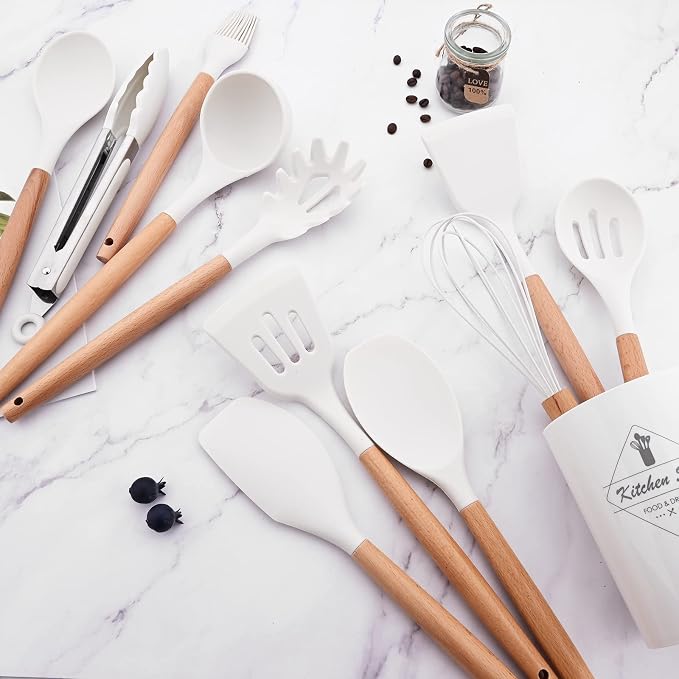 1pc White Silicone Spatula Set with Wooden Handle, Heat Resistant Cooking Utensils, Ideal Cookware for Cooking, Baking and Mixing.