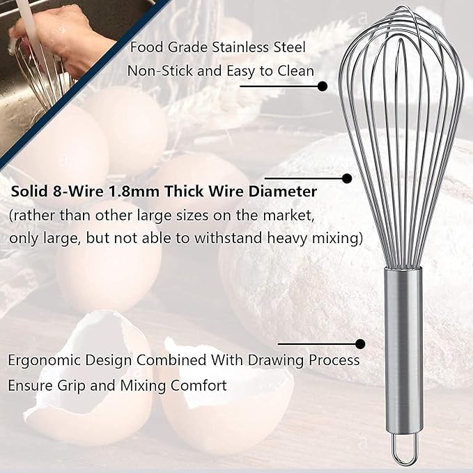 Stainless Steel Balloon Whisk Set 3 Pieces Professional Kitchen Whisks for Cooking Stainless Steel Whisk for Blending Whisking Beating and Stirring Enhanced Version Balloon Wire Whisker Egg Beater