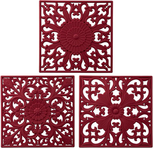 Silicone Trivets for Hot Dishes, Square Trivet Hot Pads for Kitchen Counter, Trivets for Hot Pots and Pans, Thick Heat Resistant Mat for Quartzs, Kitchen Tabletops Pot Holder Set 3 Melort Red
