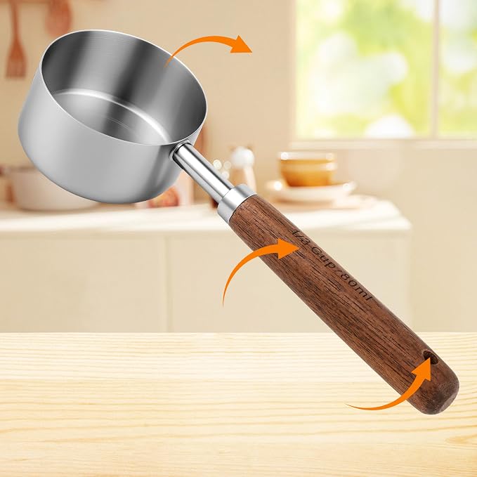 Measuring Cups and Spoons Set 8, 18/8 Stainless Steel Measuring Cups and Spoons Set for Baking and Kitchen, Metric & US Metal Measure Cup & Spoon with Wood Handle for Dry & Liquid