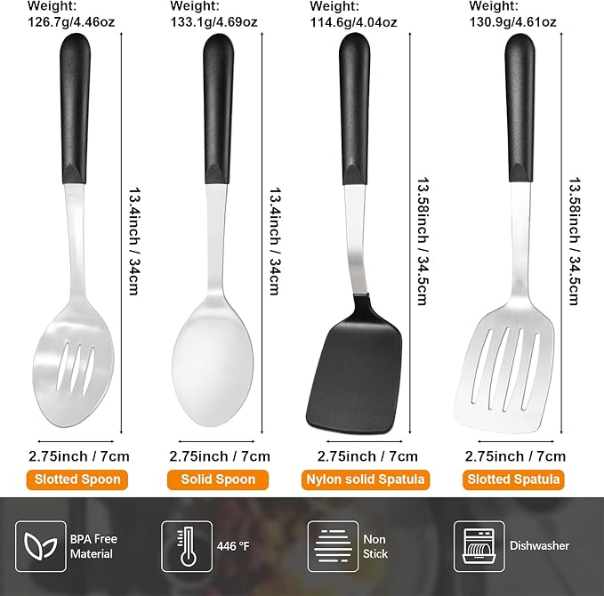 4 Pcs Cooking Utensils Set, Stainless Steel Kitchen Utensils, Heat Resistant Metal Kitchen Tools Include Solid, Slotted Turner, Serving Spoon, Non-Stick Wok Spatula, Dishwasher Safe, Silver