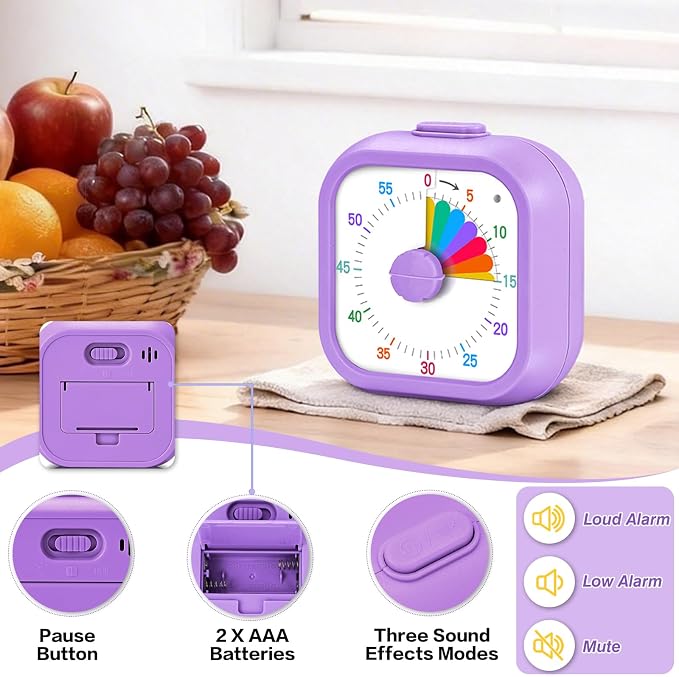 Mwellewm Visual Timer for Kids, 60 Minute Time Digital Pomodoro Timer Countdown with Silent Pause Function for Classroom Kitchen Study Cooking Meetings ADHD Rainbow Pattern(Square Purple)