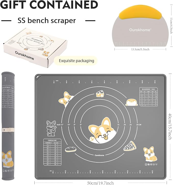 Ourokhome Silicone Baking Mat Sheet and Pastry Dough Cutter, 0.5 Inch Thick 20'' X 16" BPA free Silicone Rolling Mat, Non-Stick and Anti-Slip, Dishwasher Safe (Gray)