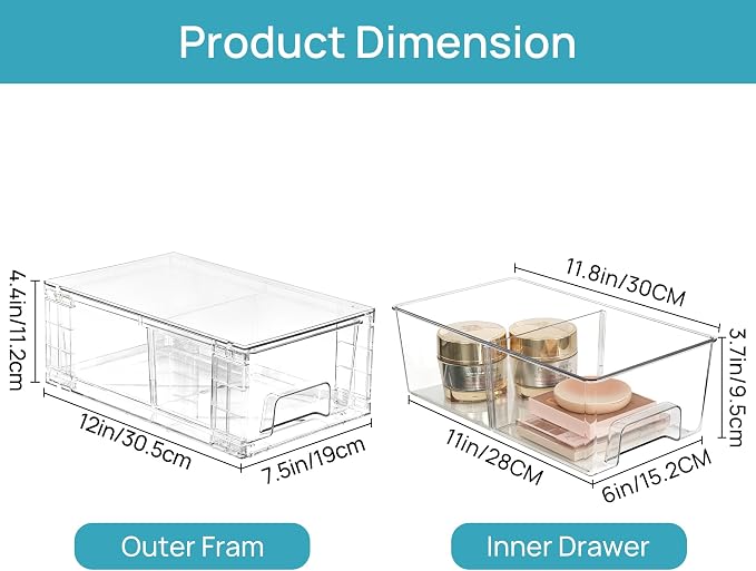 Vtopmart 4 Pack Stackable Clear Drawer with Dividers | Easy Assembly, Stackable Storage, Removable Dividers, Non-Slip Design, For Fridge, Under Sink, Pantry & Bathroom