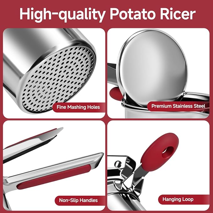 Potato Ricer for Mashed Potatoes-Stainless Steel 15oz | Large Capacity,All Clad,Heavy Duty,Ergonomic Handle for Spaetzle,Oranges, Lemons, Pumpkins, Carrots, Avocados(RED)