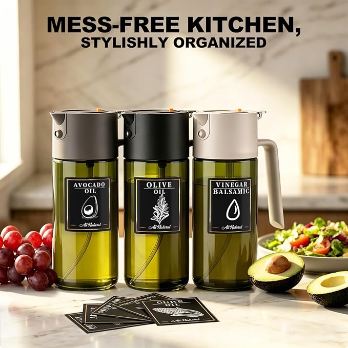 Gelibo 2-IN-1 Oil Sprayer for Cooking, 500ML Light-Blocking Glass Oil Dispenser for Kitchen, Olive Oil Spray Bottle with Leak-Proof,Cooking Spray with Portion Control for BBQ, Air Fryer, Salad - Black