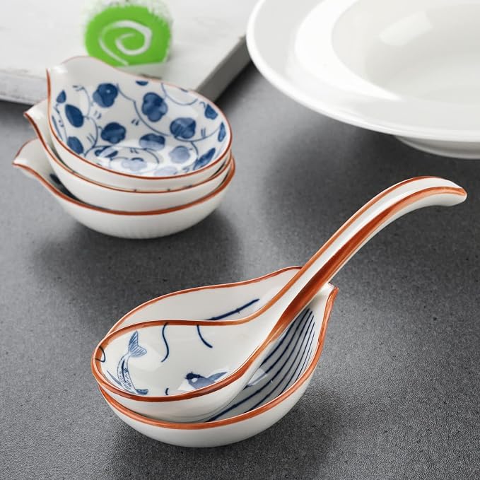 Ceramic Soup Spoons Set of 4 Porcelain Japanese Soup Spoon Long Handle Asian Soup Spoon Sets for Pho Ramen Noodles Wonton Dumpling Rice (Model 5#)