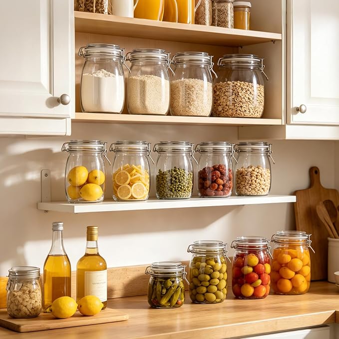 Glass Storage Jars with Airtight Lids Set of 6 (17 oz/26 oz/50 oz), Clear Glass Canister Containers Food Storage for Kitchen Pantry, Flour Sugar Coffee Beans Cereal Spice Tea, BPA-free