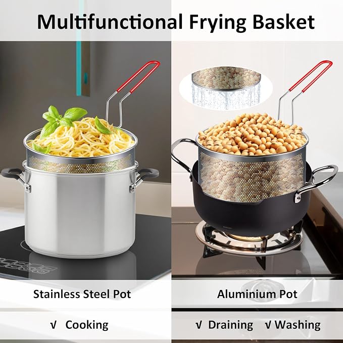 Deep Fryer Basket Only, 7''x4'' Colander with Silicone Handle,Round Stainless Steel Fry Baskets, Heat Resistant for Frying French Fries Cooking Noodles Vegetables, Ideal for Gift, 2.3-Quart