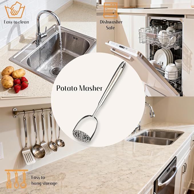 Potato Masher Stainless Steel, 14 Inch Potato Smasher - Kitchen Essential for Mashed Potatoes, Pumpkin, Carrots, Avocado & Fruits, Heavy Duty Metal Mashing Utensil (Silver)