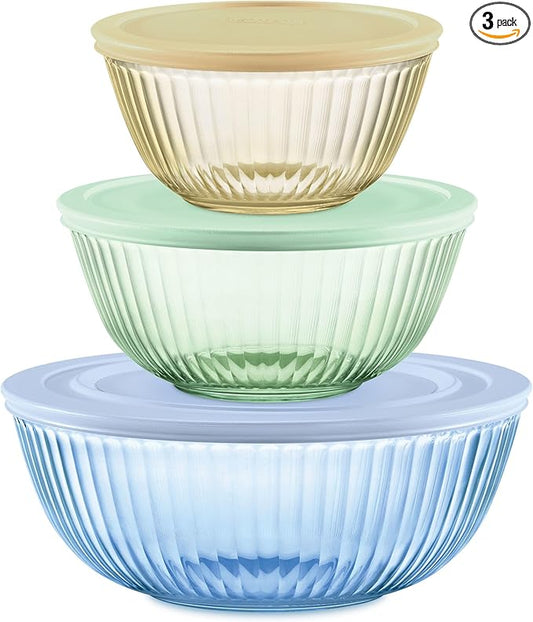 Pyrex Colors Tinted (3-Pack, Full Set) Sculpted Tinted Glass Mixing Bowls | 1.3, 2.3 & 4.5 QT nesting set of bowls with plastic lids for prepping & baking, dishwasher safe