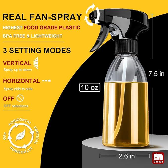 gmisun Oil Sprayer for Cooking, 2 Pack Olive Oil Spray Bottle, 10oz Food-Grade Plastic Oil Spritzer Mister, Refillable Oil Dispenser Bottle for Salad, BBQ, Grilling, Kitchen Baking, Roasting