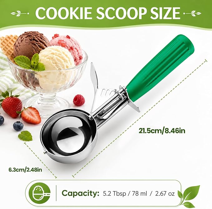 2.67 OZ Large Ice Cream Scoop, Cookie Scoop with Trigger Release & Anti-Freeze Grip, Cookie Scooper for Baking, Portion Scoop for Cookie Dough, Cupcake, Mashed Potatoes (Green - 5.2 Tbsp/ 78 ml)