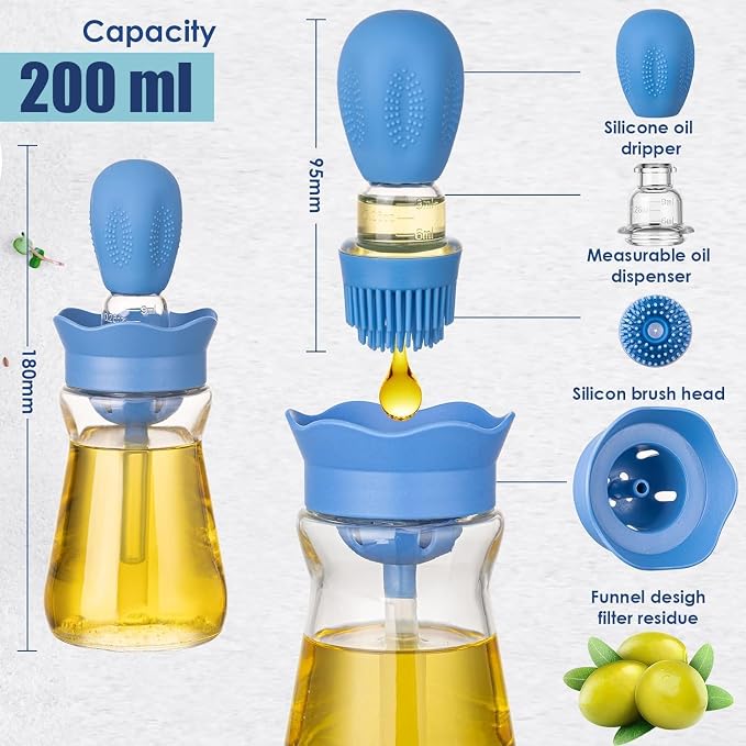 Oil Dispenser with Brush-2Pack 7oz/200ML 2 IN 1 Glass Cooking Oil Dispenser Bottle with Silicone Basting Brush for Kitchen, Oil Storage and Container for Cooking BBQ, Vinegar, Sauce, Air Fryer- Blue