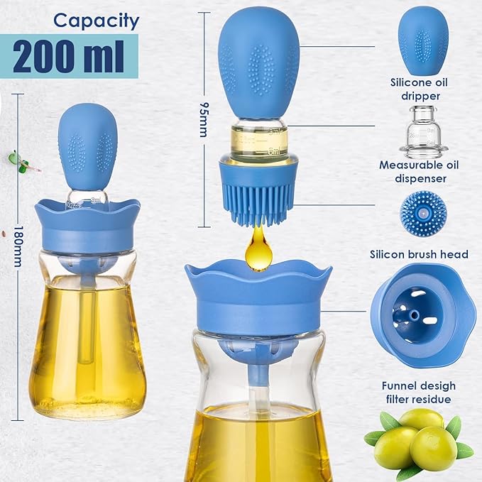 Oil Dispenser Bottle with Silicone Brush, 200ML 2 in 1 Silicone Dropper Measuring Oil Dispenser Bottle for Kitchen Cooking, Frying, Baking, BBQ Pancake, Air Fryer, Marinating - Orange