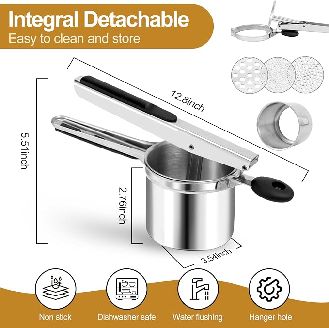 AHFLRITO Potato ricer, Heavy Duty Ricer for Mashed Potatoes, Large Potato Masher Stainless Steel with Ergonomic Handle, Efficiently for Fluffy Mashed Potatoes