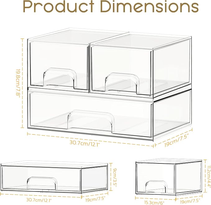 Stackable Storage Drawers, 3 Pack Clear Acrylic Makeup & Bathroom Organizer, Versatile Storage Bins for Vanity, Under Sink, Kitchen Cabinets & Pantry