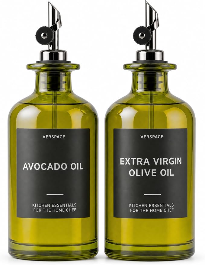 Verspace UV-Protected Green Glass Olive Oil Dispenser Bottles For Kitchen - 2 Pack - 17oz Includes 40 Kitchen Essential Labels, Avocado Oil Dispenser Set, Modern Decor for Home, Airbnb, Cafe