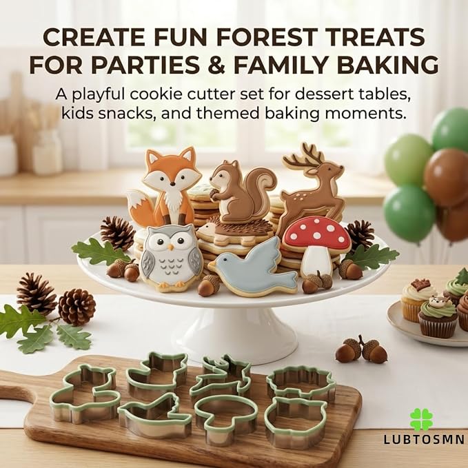 LUBTOSMN 7 Piece Forest Animal Cookie Cutters Set with Silicone Protective Rim, Stainless Steel Woodland Cookie Cutters for Cookies, Fondant, Sandwiches, Biscuits, Pancakes and Forest Party Baking