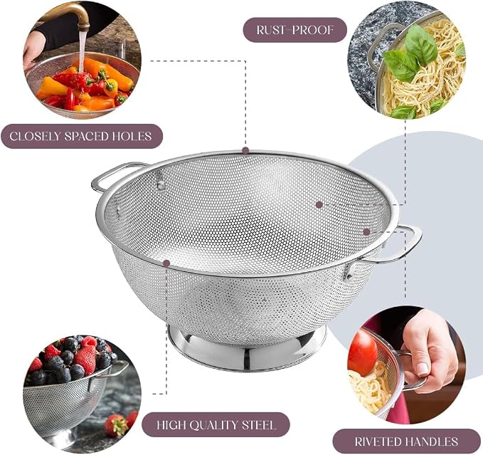 Bellemain Colander for Kitchen – 5 Qt Stainless Steel Strainer with Handle - Pasta Strainer Bowl for Pasta, Spaghetti, Vegetables, Fruit, and Pot Draining - Stainless Steel Colander