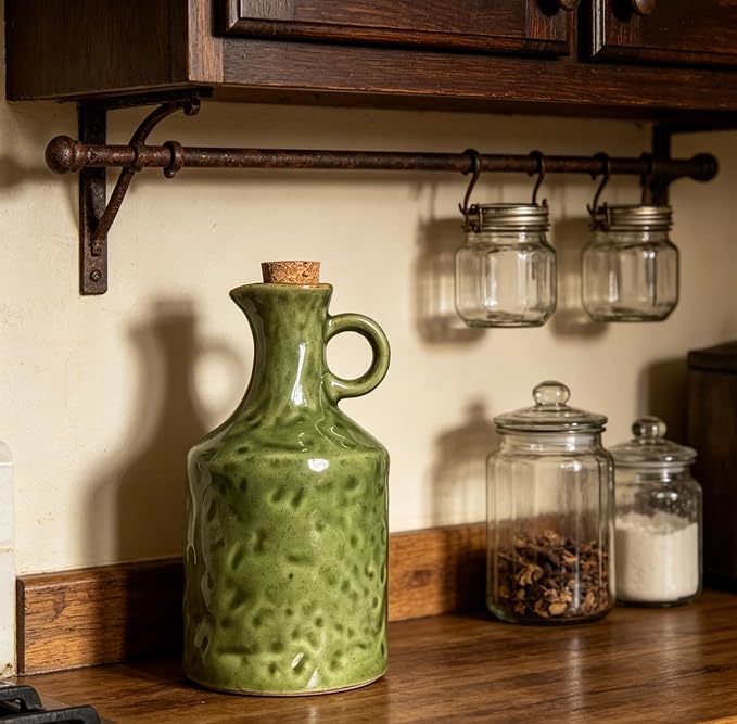 13.5oz Olive Green Ceramic Olive Oil Dispenser with Cork Stopper | , Reactive Glaze Bottle, Leak-Proof Small Spout, Ideal for Kitchen Storage of Vinegar, Wine, Soy Sauce and Lemon Juice
