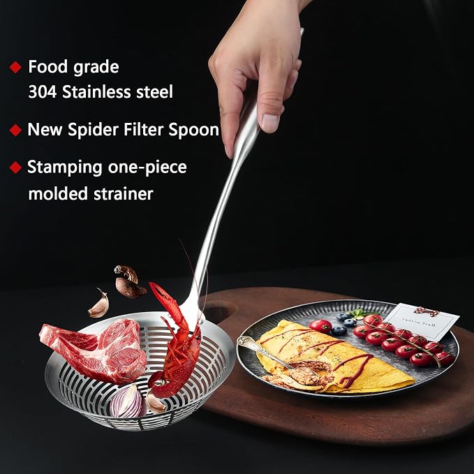 Collfa Cooking Skimmer 304 Stainless Steel Spider Strainer Handheld Metal Slotted Spoon With Holes Mesh Ladle For Spaghetti Pasta;Poached Egg;Noodle;Vegetables;Kitchen Frying And Cooking Tools