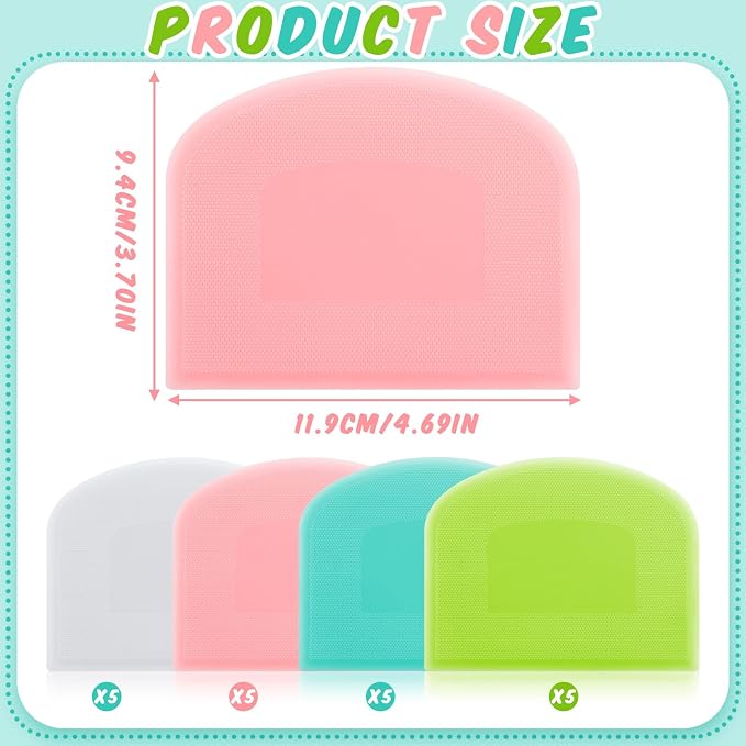 Thyle 20 Pcs Plastic Dough Scraper Set Bowl Multipurpose Dough Cutter Flexible Scraper Spatula for Kitchen Baking Tool Cake Bread Pizza Food Pastry Icing Fondant, White, Pink, Green and Blue