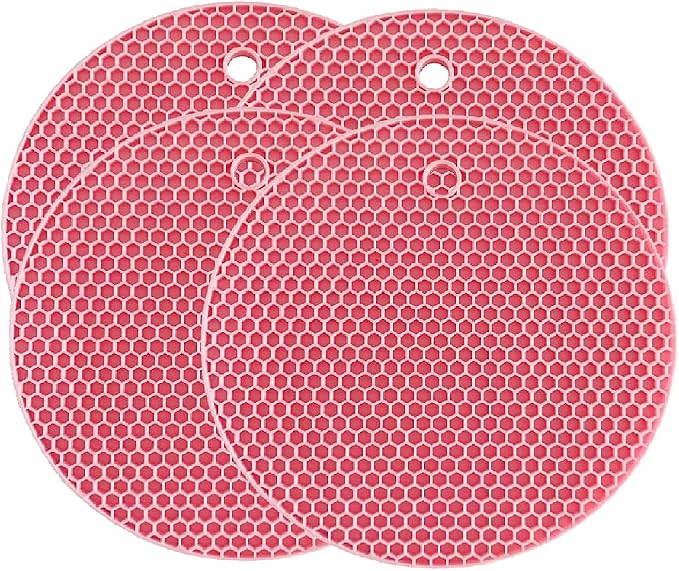 7-Inch Round Silicone Trivet Mats - 4-Pack Non-Slip Heat Resistant Hot Pads for Kitchen Countertops, Pots and Pans (Pink)