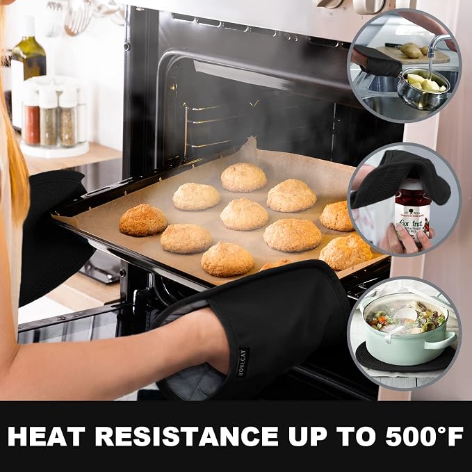 RORECAY 2-Pack Silicone Pot Holders for Kitchen, Hot Pad with Pocket, Black | Heat Resistant up to 500°F, Quilted Cotton Potholders, Non-Slip & Waterproof Trivets for Hot Pots, Pans, and Countertops