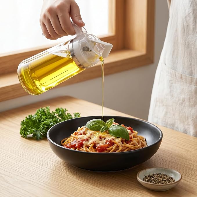 Marbrasse 20oz Glass Oil Dispenser Bottle with Auto Flip Cap, White | Auto Flip Cap for One-hand Use, Leakproof Design, for Olive Oil/Vinegar/Cooking Oil, Kitchen Essential