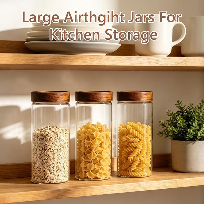 KEYWING 46 fl.oz Glass Jars with Airtight Lids, Food Storage Jars 3Pcs | Clear Food Containers For Pantry Organization Kitchen Canister Set for Cookie Rice Sugar Snack Coffee Bean, with 126 Labels