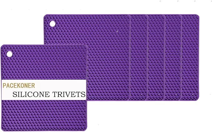 6-Pack Silicone Trivet Mats, Heat Resistant Hot Pads, Dishwasher Safe Kitchen Mats, BPA-Free Pot Holders for Table, Countertop, Stove, Honeycomb Design (Purple, 7" Square)