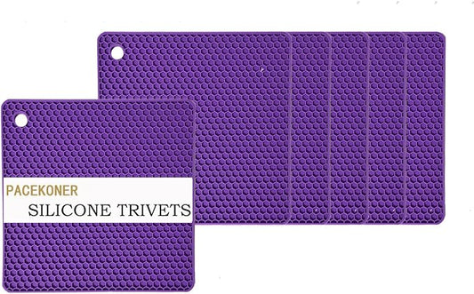 6-Pack Silicone Trivet Mats, Heat Resistant Hot Pads, Dishwasher Safe Kitchen Mats, BPA-Free Pot Holders for Table, Countertop, Stove, Honeycomb Design (Purple, 7" Square)