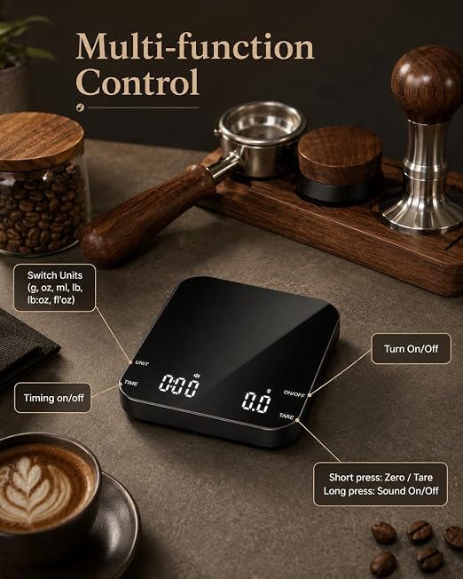 Coffee Scale with Timer, 0.1g Precision Mini Espresso Scale | USB-C Rechargeable Digital Kitchen Gram Meter, 6 Units, Fits Drip Tray, for Pour Over, Barista, Matcha (Black, 0.3-2000g)