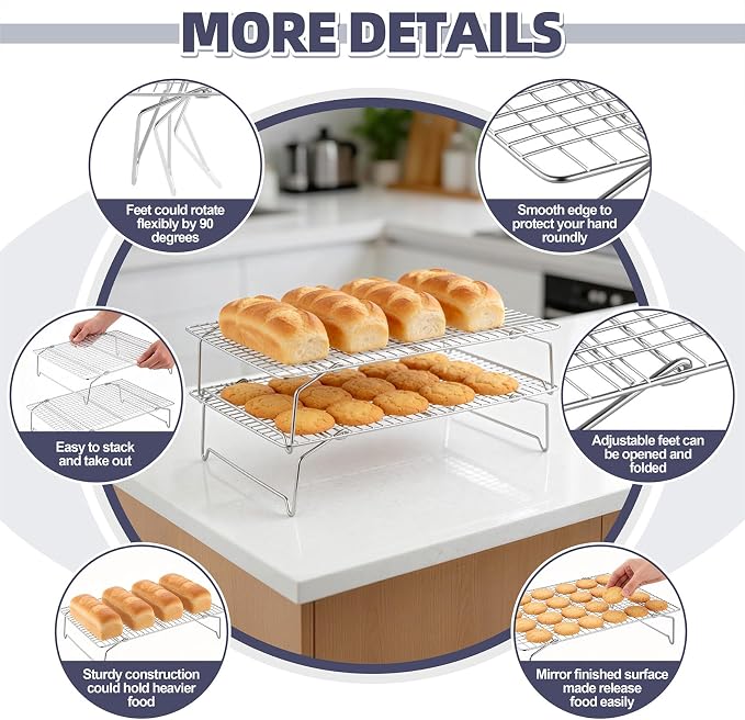 P&P CHEF 2 Tier Stackable Cooling Racks for Cooking and Baking, 15" x 10" | Stainless Steel Stackable Grid Cooling Rack for Cooling Roasting Grilling, Collapsible & Heavy Duty, Oven & Dishwasher Safe