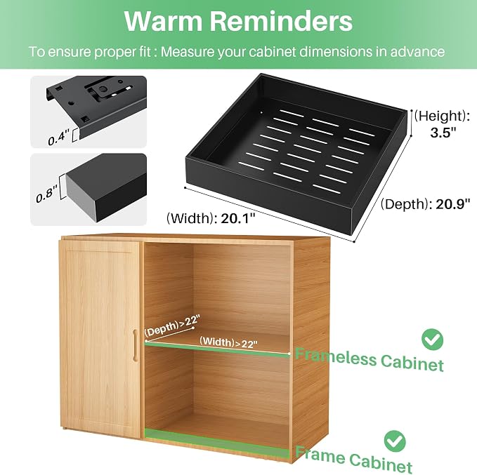Pull out Cabinet Organizer, 21"Deep, 20"Wide Full-Extension Heavy Duty Slide out Drawers with Nano Adhesive, Roll Out Shelves Sliding Cabinet for Kitchen, Bathroom, Pantry, Under Sink Storage(Black)