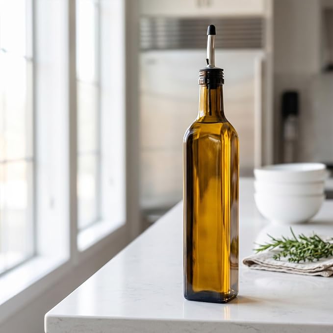 Restaurantware-Chef 101 16.9 Ounce Olive Oil Dispenser, 1 Kitchen Oil Dispenser Bottle - With Stainless Steel Pourer, Non-Leaking, Amber Glass Pourer, For Cooking Or Salad Dressings