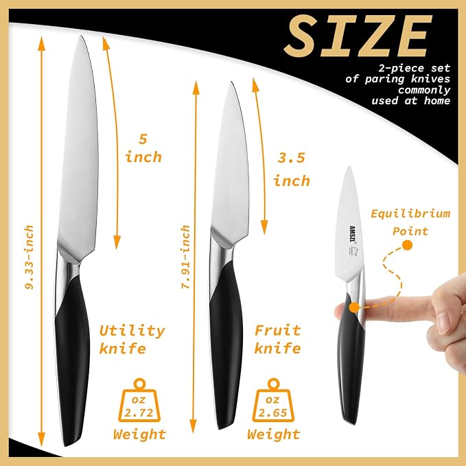 2-Piece Sharp Paring Knife Set German Steel Fruit Vegetable Peeling | German 1.4116 Steel, 15° Edge, Full Tang, Rust Resistant, Dishwasher Safe, Ergonomic ABS Handle, 3.5 & 5 Inch