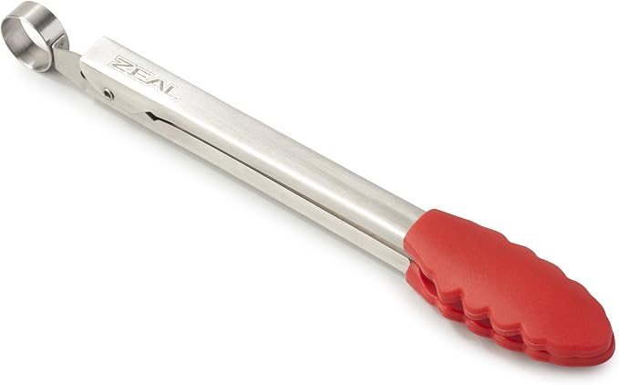 Zeal Silicone Mini Kitchen Cooking Tongs with Stainless Steel Handle – Perfect for Cooking, Grilling, BBQ, Air Fryer, and More, Heat-Resistant, BPA-Free, and Easy-to-Clean, 20cm, Red