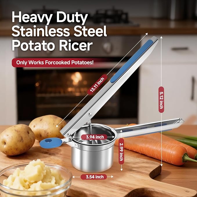 Potato Ricer for Mashed Potatoes-Stainless Steel 15oz | Large Capacity,All Clad,Heavy Duty,Ergonomic Handle for Spaetzle,Oranges, Lemons, Pumpkins, Carrots, Avocados(BLUE)