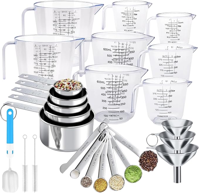 Measuring Cups and Spoons Set 26 Piece, 11 Stainless Steel Nesting Measuring Spoons and Cups with 8 Plastic Measuring Cup, 3 Funnel, 3 Brush, 1 Ruler, Measuring Cup Set for Kitchen Baking Liquid Dry