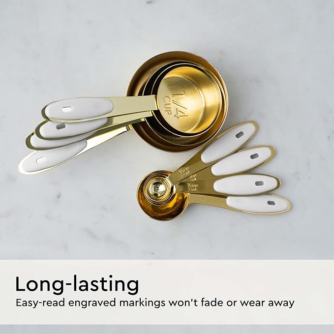 White and Gold Measuring Cups and Spoons Set – 8-Piece Stackable Stainless Steel Measuring Set – Stylish Gold Kitchen Accessories for Precise Baking and Cooking, Ideal Gift for Bakers and Chefs