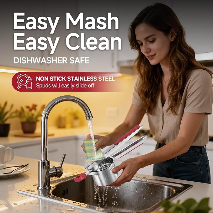 Potato Ricer for Mashed Potatoes-Stainless Steel 15oz | Large Capacity,All Clad,Heavy Duty,Ergonomic Handle for Spaetzle,Oranges, Lemons, Pumpkins, Carrots, Avocados(RED)