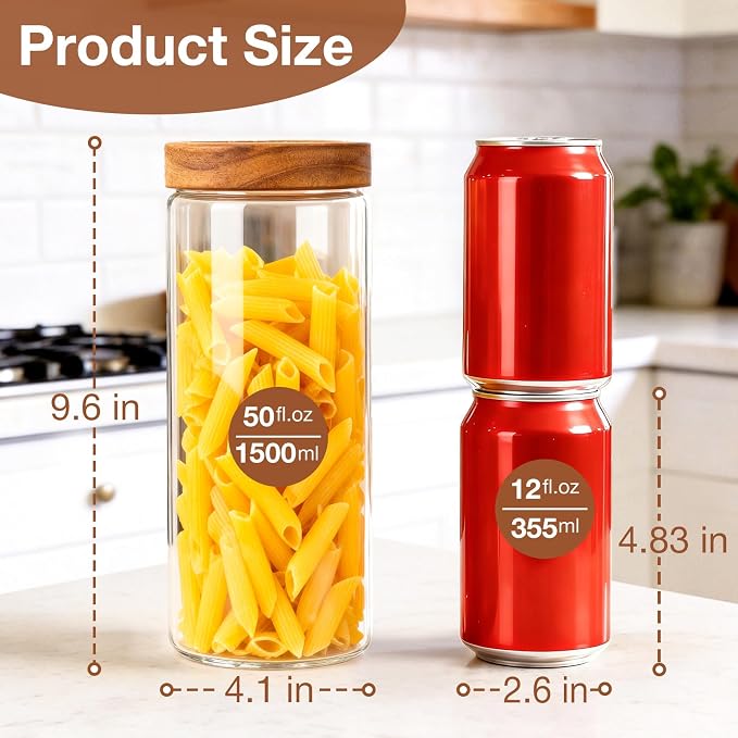 CONNOO 2-Pack 50oz Glass Storage Containers with Wood Lids | Pantry Organizers with Wooden Lids, Store Short Pasta, Flour & Dry Foods, Includes 120 Waterproof Labels for a Neat Kitchen