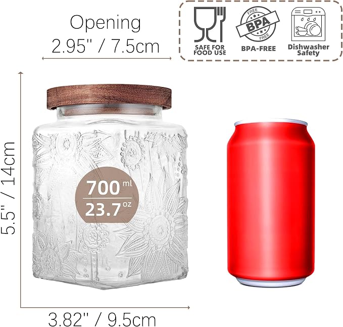 Glass Storage Jars With Airtight Lid, 23.7oz Container For Kitchen Counter with Wood Lid, brown sugar, candy, coffee, cookie, salt, tea, cute Jar (Square Sunflower*1)