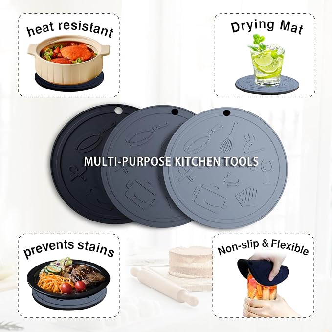 Silicone Trivet Mats - 3 Heat Resistant Pot Holders, Non-Slip Hot Pads for Kitchen, Food Grade Silicone, BPA Free, Easy to Wash (Black Gray)